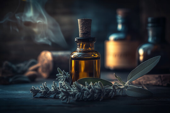 Sage tincture in the apothecary old bottle on the old herbalist healer table close up background.