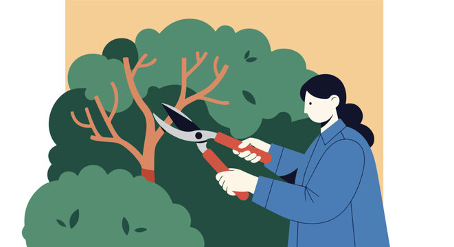 Flat illustration of a person in a blue shirt pruning green bushes with large red shears