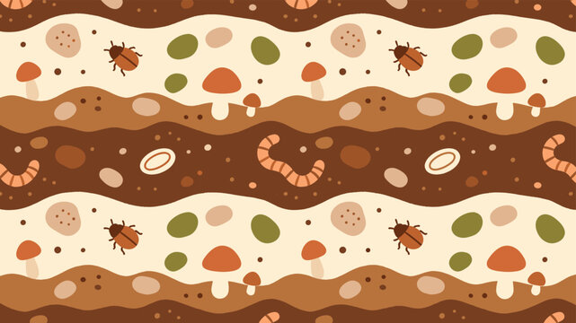 Seamless underground soil pattern with mushrooms worms and beetles illustration