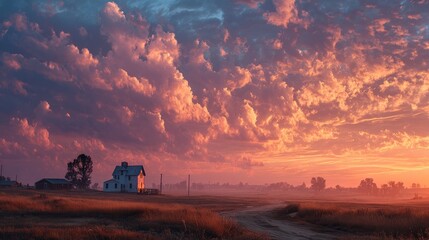 Fototapeta premium Lonely farmhouse at sunset under dramatic golden clouds over a quiet rural landscape and dirt road