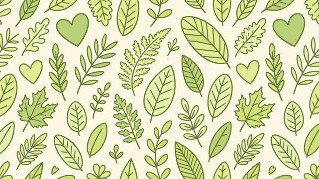 Minimal green leaf seamless pattern with botanical doodle elements