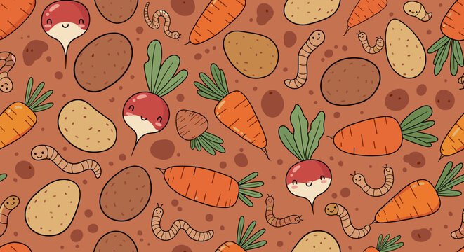 Cute vegetable garden seamless pattern with carrots potatoes radishes and worms