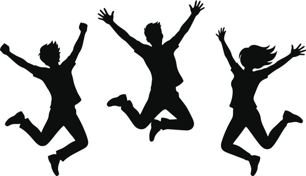 Jumping silhouettes three people celebrating success or achievement