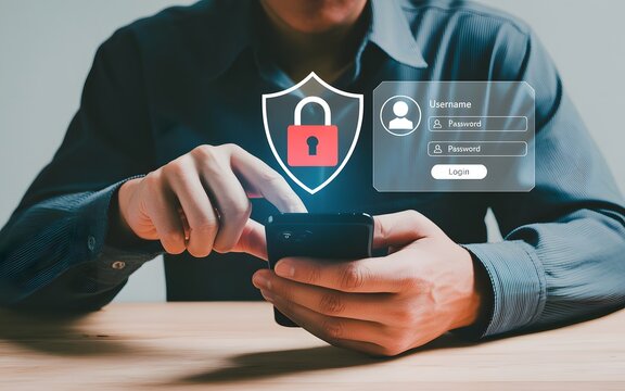 Man using his smartphone with a digital lock and shield icon for secure login and password protection