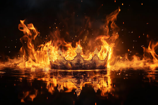 Luxurious gold royal crown in blazing flames close up on dark background.