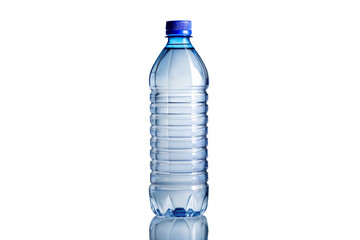 Fototapeta premium A full transparent plastic bottle of clear mineral water with a blue cap is isolated on a white background, representing a clean and healthy beverage for fresh natural refreshment