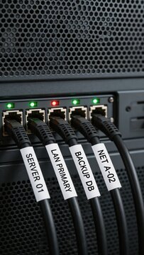 A detailed view of a server's network ports with multiple cables connected and labeled for organization and security