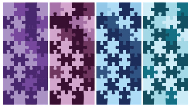 Abstract jigsaw puzzle background banners, colorful interlocking puzzle pieces in purple and blue gradients, set of 4 vertical vector templates