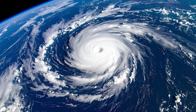 Intense hurricane vortex from orbit showcasing detailed white cloud patterns over dark blue ocean and black space