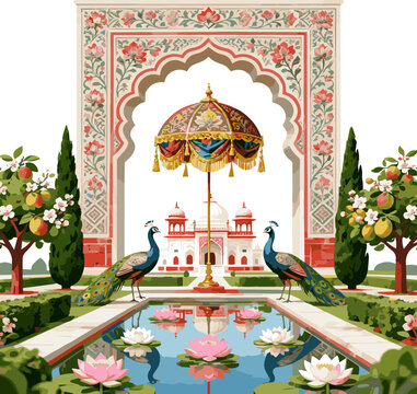 Generate a realistic Traditional Mughal decorative garden with arch, ornate parasol, peacocks, trees, lotus flowers, and palace vector art with white background..