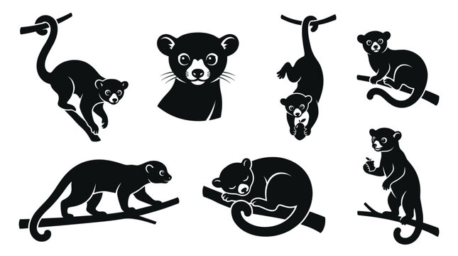 Black and white vector silhouette set of Kinkajou ai and handmade