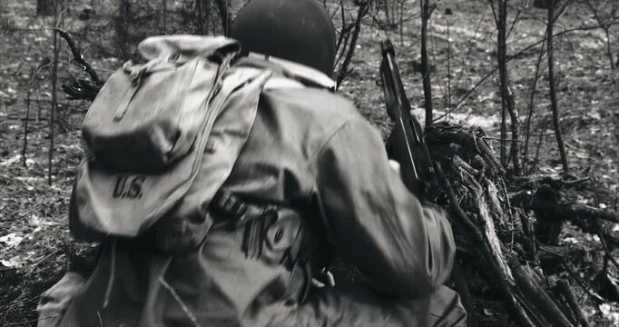 Historical Re-enactment Black And White Video. Soldier Of USA Infantry Of World War II