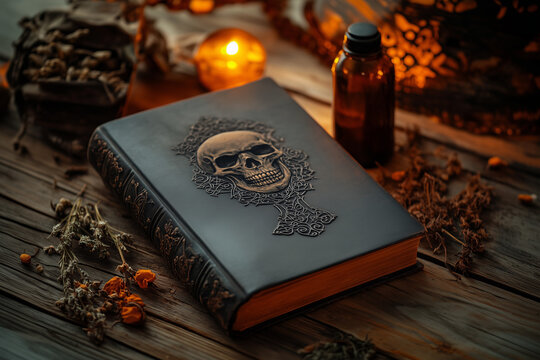 An ancient magical book of spells and a magic potion on an old witch table background. Witchcraft concept.