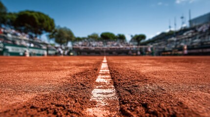 Naklejka premium Sunlight glints off a clay tennis court's textured surface. White line stretches toward distant stands filled with spectators. Crowd watches intently, anticipation in every face
