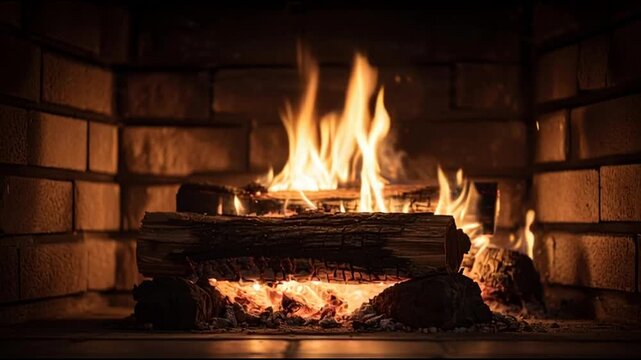 Warm fire burning in a brick fireplace with logs and flames rising, casting a cozy glow in a dark room.