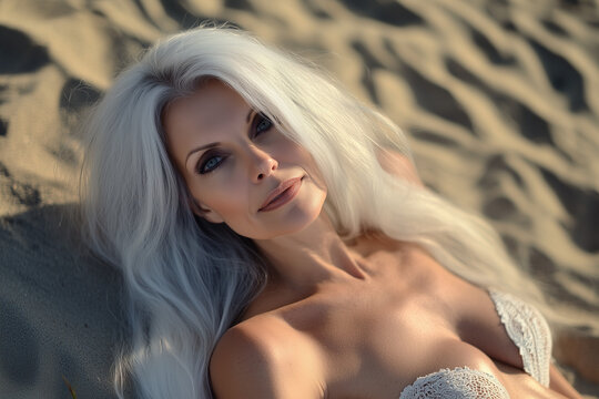 A happy gray haired elderly woman in a swimsuit sunbathes on a sandy sea shore background...