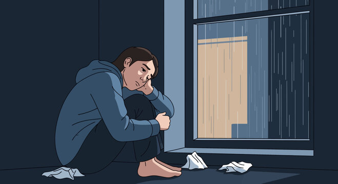 A Person Meditating On Sadness, Reflecting In Silence During A Rainy Day