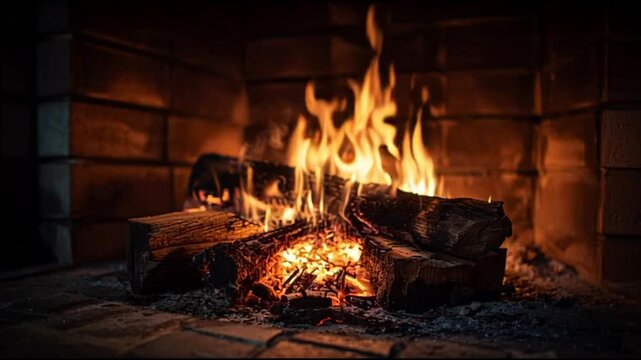 Warm fire burning in a brick fireplace with logs and flames, creating a cozy atmosphere indoors.