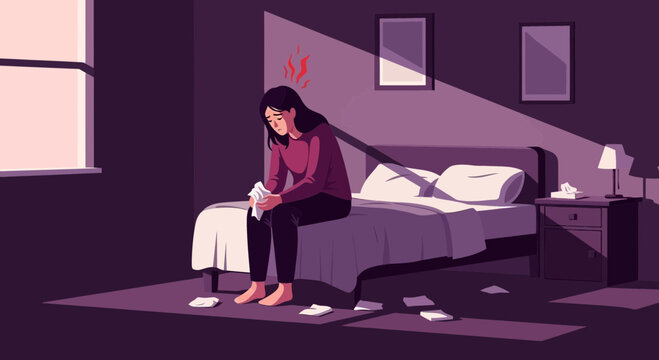 A Person Meditating On The Bed In A Depressed Room With Bad Feelings And Sorrow