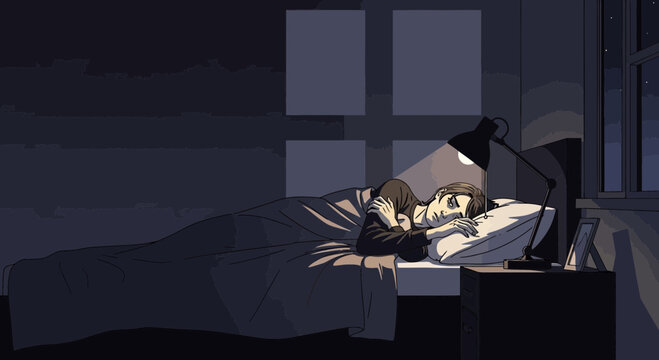 A Person Lying Awake In Bed Feeling Lonely Or Depressed In Night Time Setting