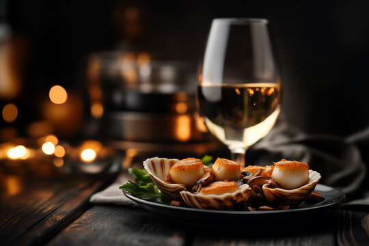 Delicious fried scallops on a plate and a glass of white wine on a restaurant table background.