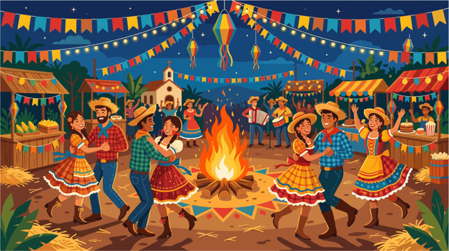  Brazilian Festa Junina vector illustration with colorful flags, bonfire, and dancing couples