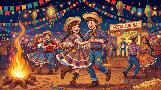 Brazilian Festa Junina vector illustration with colorful flags, bonfire, and dancing couples