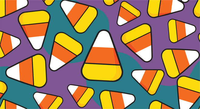 Colorful candy corn on purple and teal background
