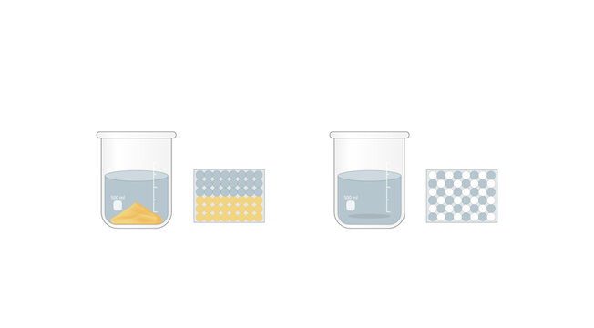 Heterogeneous mixture, composition of mixture is not uniform, Sand and water. Homogeneous mixture, uniform composition, salt and water. Chemistry experiment. Scientific design. Vector illustration.