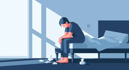 Fototapeta premium A Person Meditating On A Bed Suffering From Fatigue, Overthinking, And Sadness