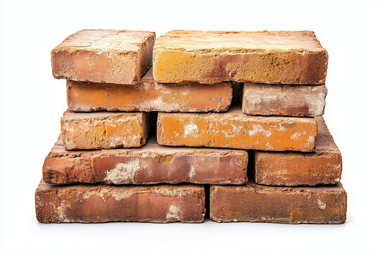 Stacked pile of bricks isolated on white background...