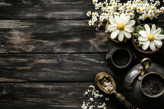Garden flowers and gardening tools on an old wooden gardener table background.