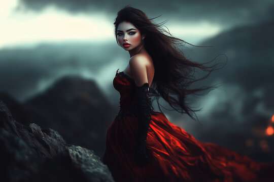 A beautiful woman in a bright red dress stands on a snowy mountain peak background.