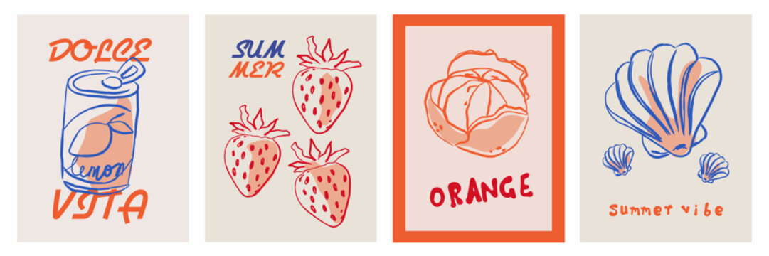 Hand drawn la dolce vita doodles. Wall art with beverage, orange, shells. Minimalist line art. Set of mediterranean concept vector illustration for invitations, printables, social media, poster.