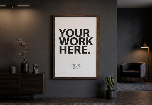 Vertical poster art frame mockup in dark minimalist interior
