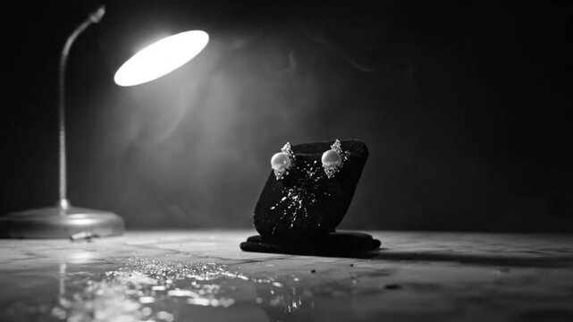 Black and white still life of pearl earrings displayed on a black stand in a dramatic lighting