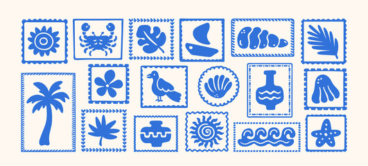 Fototapeta premium Tropical summer elements in exotic shape stickers. Decorative frames border. Post stamp vacation beach. Hand drawn palm tree, sun, flower, boat, seashell, wave,leaf, bird. Vector ocean travel print. 