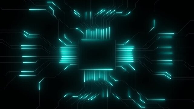 Futuristic Microchip with Glowing Neon Circuits Frame. Digital Technology, and AI in a High-Tech Virtual Interface. Product display background. Seamless loop. Created using non-AI 3d software