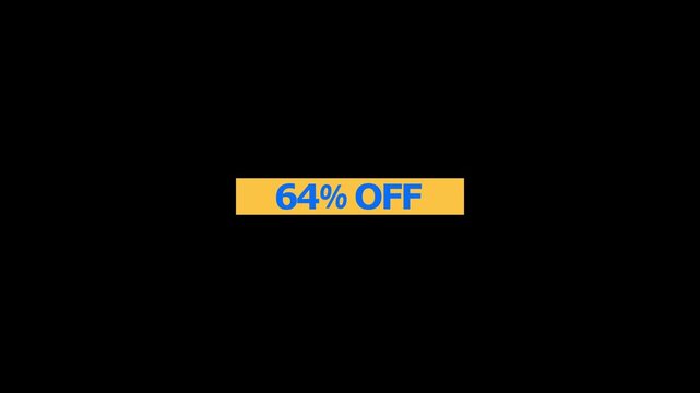 A bold displaying sixty four percent off text in blue letters centered on a rectangular yellow banner isolated on a solid black background for retail sales and marketing promotions