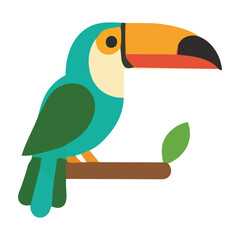 Obraz premium Colorful flat design illustration of a vibrant tropical animal, the toucan, with its large beak, perched on a branch, symbolizing exotic wildlife