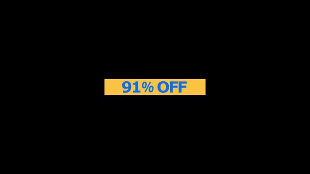 A rectangular yellow banner featuring bold blue text that says 91 percent off centered on a plain black background for retail marketing and e-commerce sales promotions and advertising