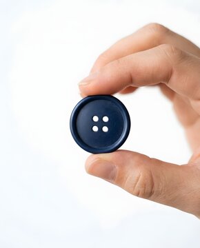 Close up of a hand holding a navy blue button against a white backdrop