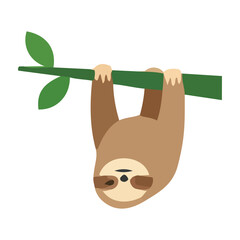 Fototapeta premium Delightful flat design of a serene brown sloth, a gentle tropic animal, hanging from a green branch, depicting its calm, unhurried arboreal life