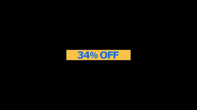 A rectangular yellow banner featuring the text 34 percent off in bold blue sans serif font centered on a solid black background for retail sales and marketing promotional