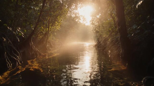 Flooded Amazon rainforest cinematic river journey, tropical forest, biodiversity and nature conservation concept
