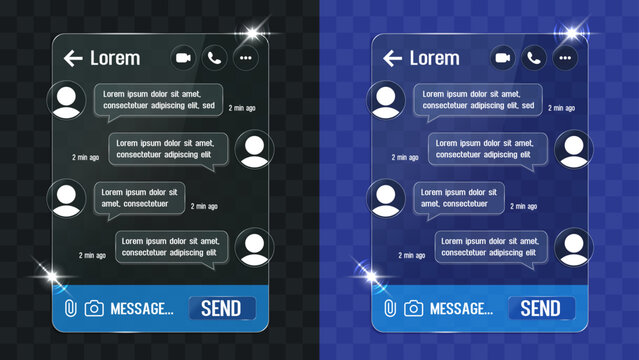 Modern Messaging App Chat Interface UI Mockup with Liquid Glass Effect, Smartphone Conversation Screen Template, Transparent Mobile Messenger Vector Illustration