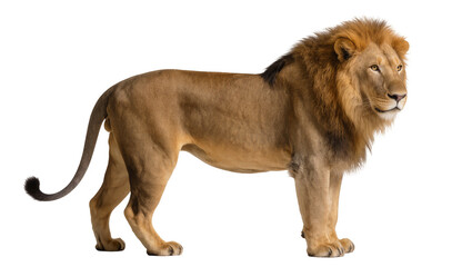 Majestic male lion with full mane standing alert, isolated on transparent background © Johnson