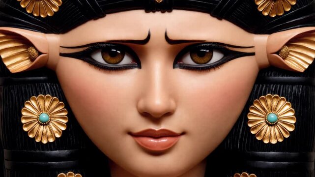 Close-up of ancient Egyptian goddess Hathor decorative mask sculpture with striking blue eyes, kohl eyeliner, black wig, golden flower earrings with turquoise, cow ear details, AI concept art.