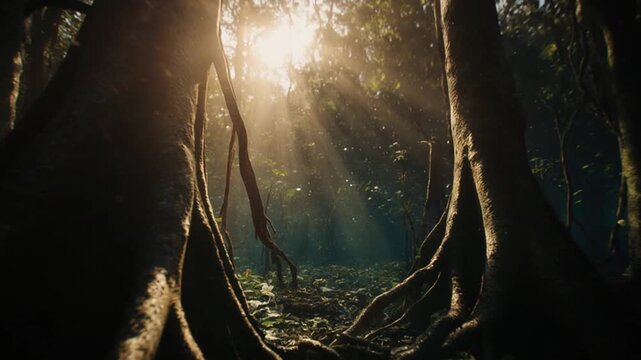 Flooded Amazon rainforest cinematic river journey, tropical forest, biodiversity and nature conservation concept
