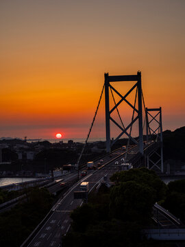 Silhouette of Kanmon Bridge and Sunset over the Kanmon Strait from Moji, Kitakyushu